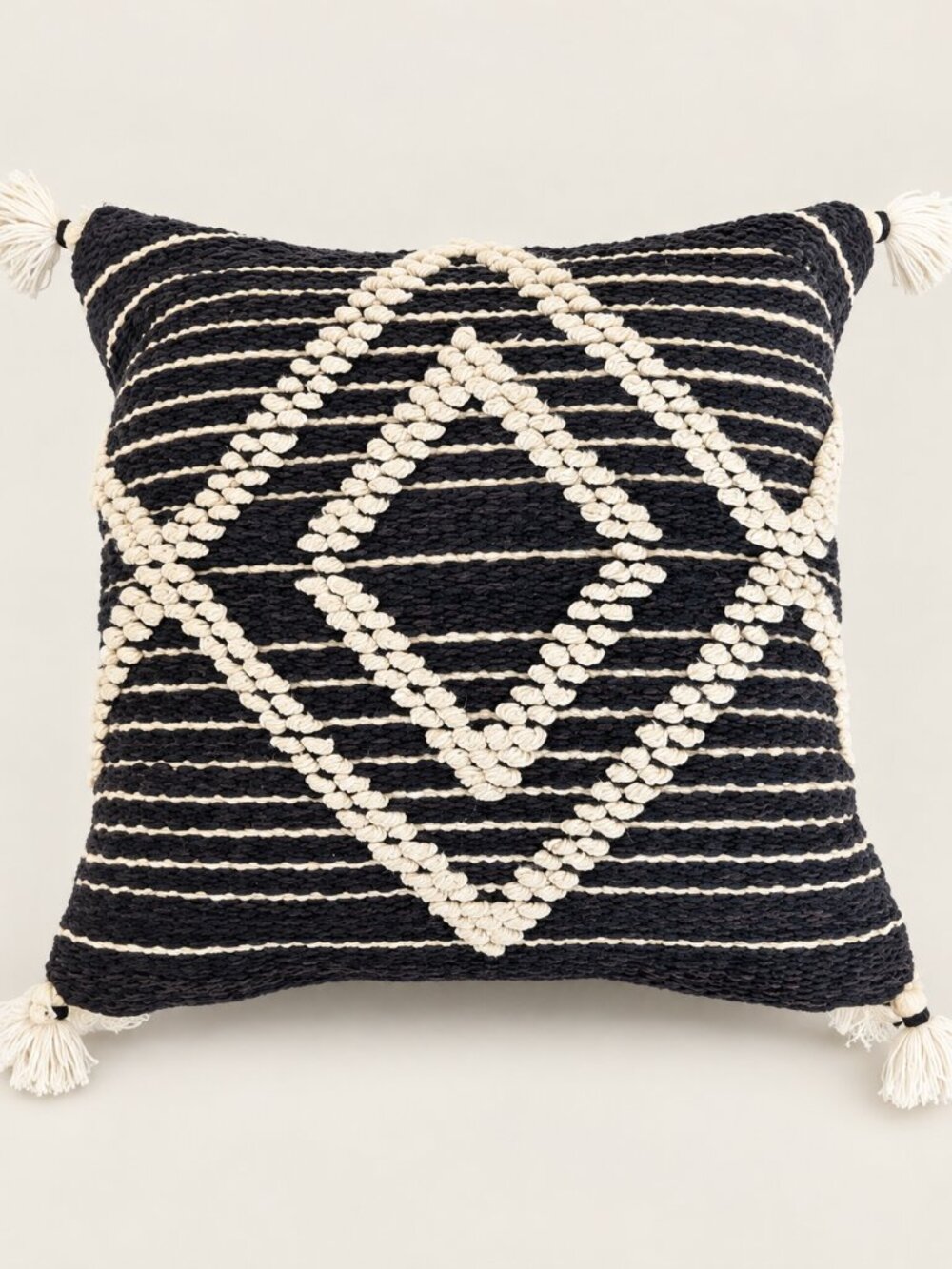 Threshold Throw Pillow with Tassels 18x18 Black Ivory Woven Geometric